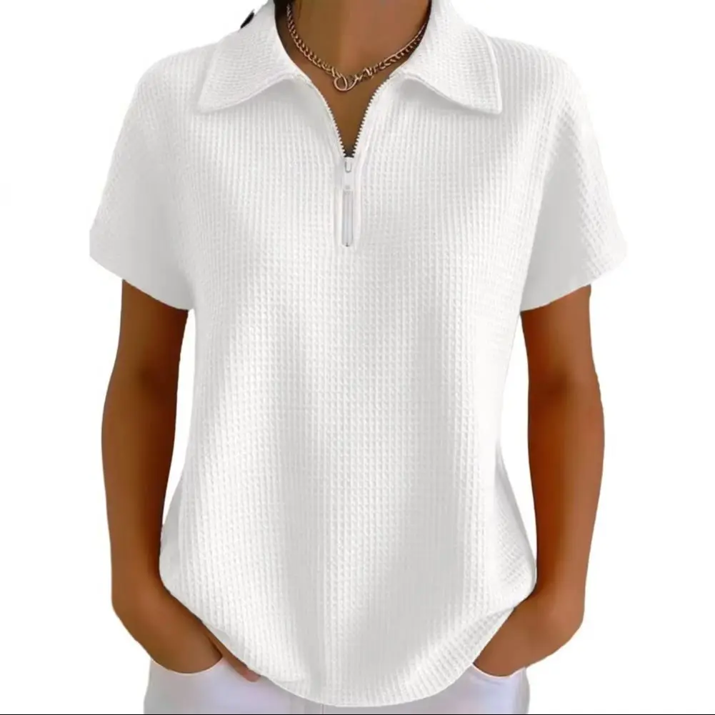 

Женская повседневная летняя рубашка с отложным воротником, коротким рукавом, на молнии, с частичной планкой, топ с вафельной текстурой, универсальная модель для свиданий