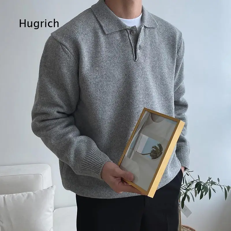 Mens Polo Collar Solid Color Knit Sweater Korean Loose Pullover Versatile Hong Kong Style Top For Autumn Winter Daily Casual Ou