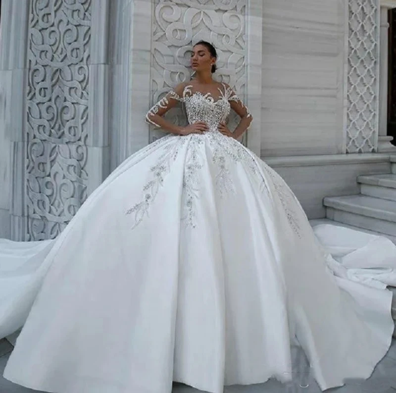 

Saudi Arabia Wedding Dresses Ball Gown Long Sleeves Appliques Beaded Dubai Plus Size Women Bridal Wedding Gowns Customized