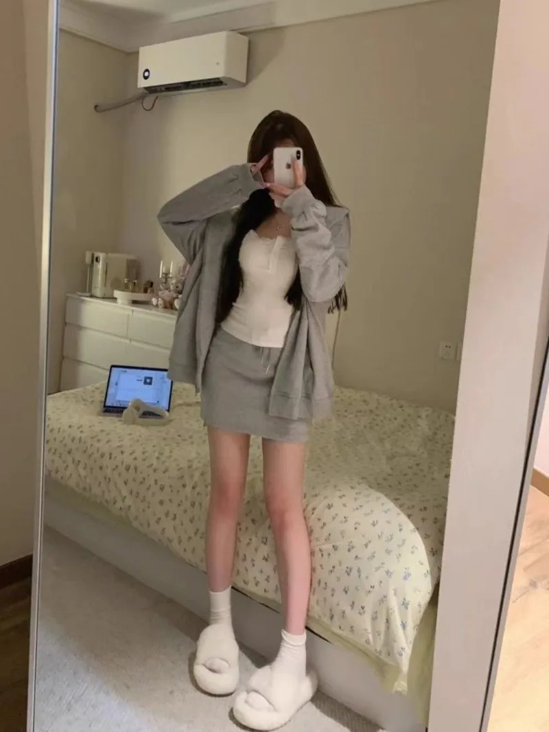 Korean College Hooded Hoodie Lace Sling Skirt Three Piece Set Women Fashion Temperament Drawstring Sweet Solid Loose Spring Suit