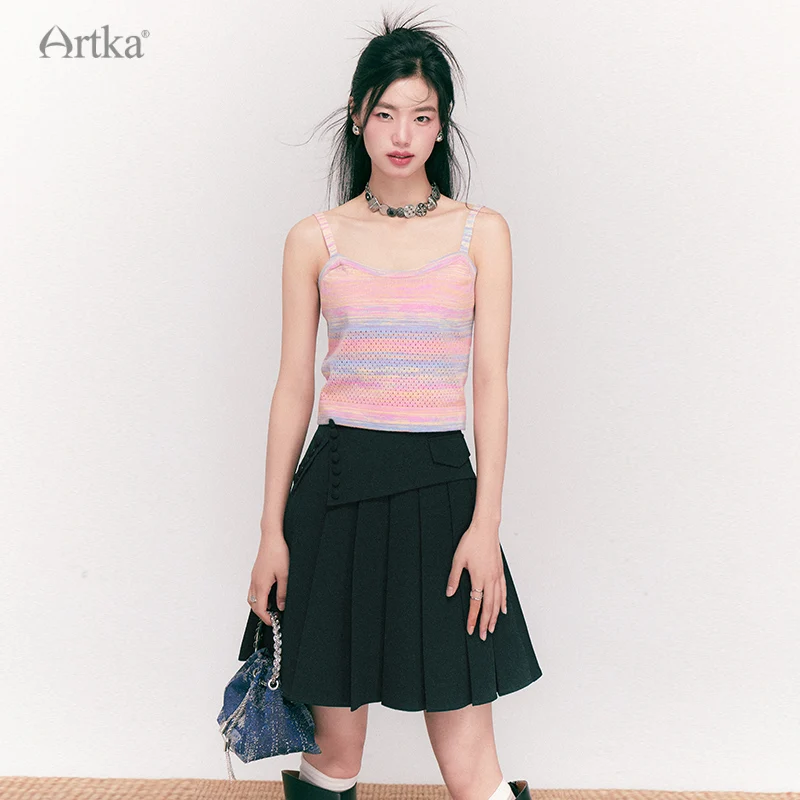 ARTKA 2025 Zomer Nieuwe Vrouwen Rok Fashion Casual Hoge Taille A-lijn Geplooide Rokken Zijgesp Zwarte Rok Vrouwelijke QA92137C