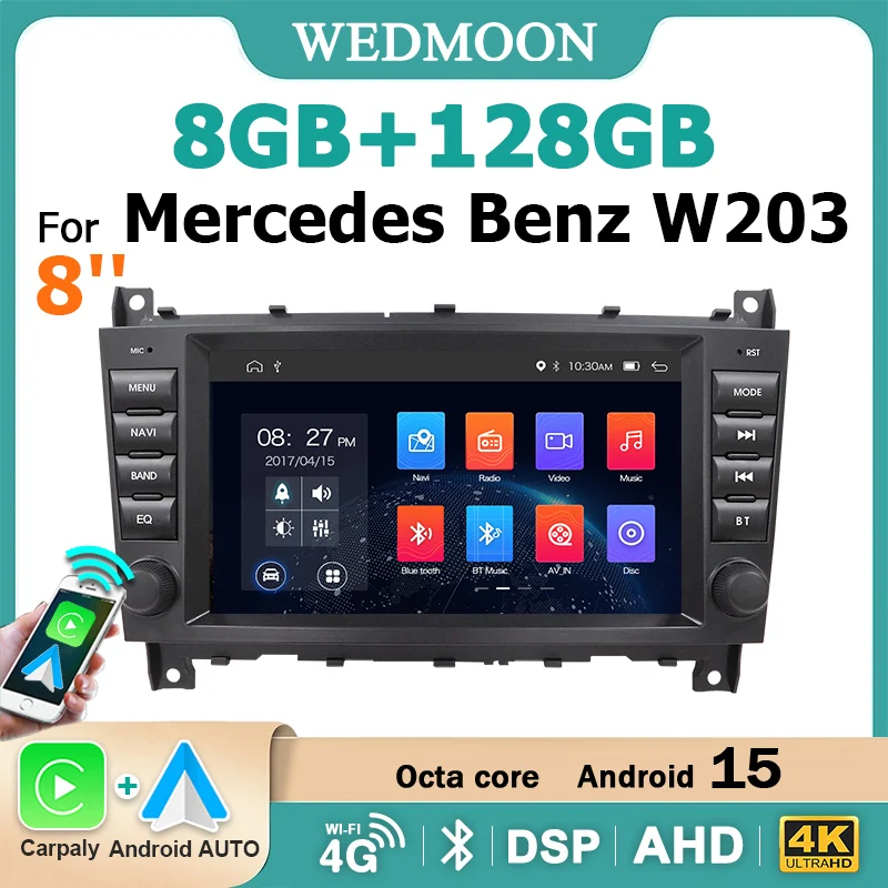 Autoradio stéréo sans fil CarPlay Android 15 avec écran 8 pouces pour Mercedes Benz CLC/Classe C W203 CLK W209 2004-2011 Lecteur multimédia