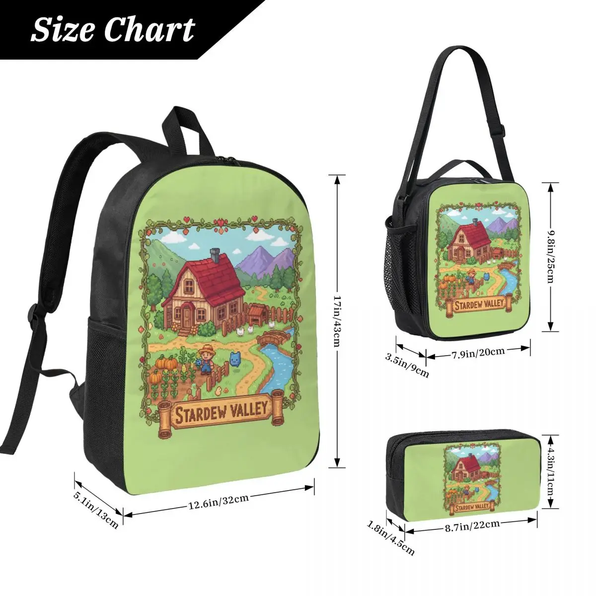 Stardew Valley Video Gamer Classic Pixel Art Backpack BookBag School Bag Shoulder Bags 3ps Insulated Lunch Bag Pencil Case