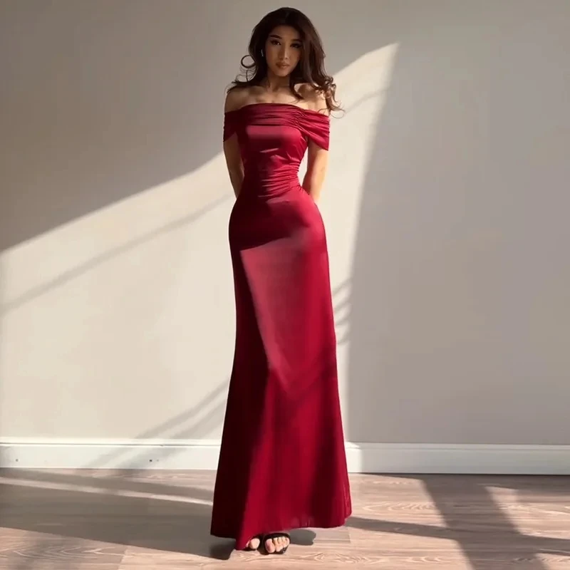 

Elegant Off Shoulder Evening Gown Women Sexy Long Sleeveless Design Back Bandage A-line Dress Fashion Bodycon Party Dresses