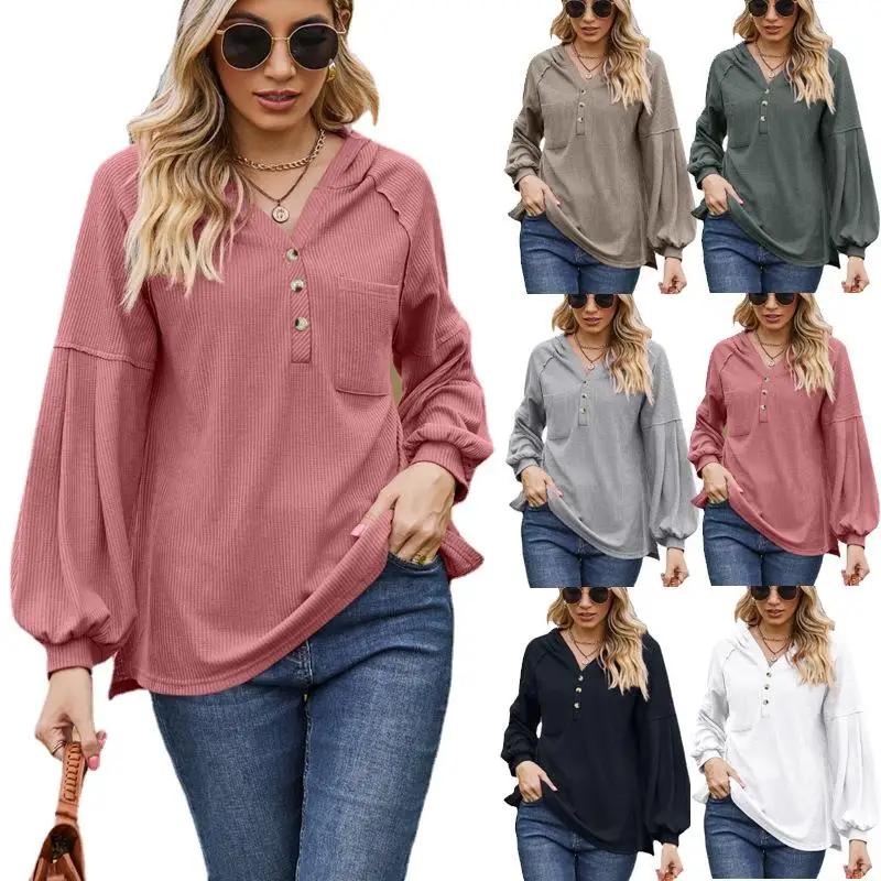 

Женский пуловер с капюшоном, длинная футболка Све, топ из полиэфирного волокна, фонарь Све, пуговицы, осенняя мода, женская нож...