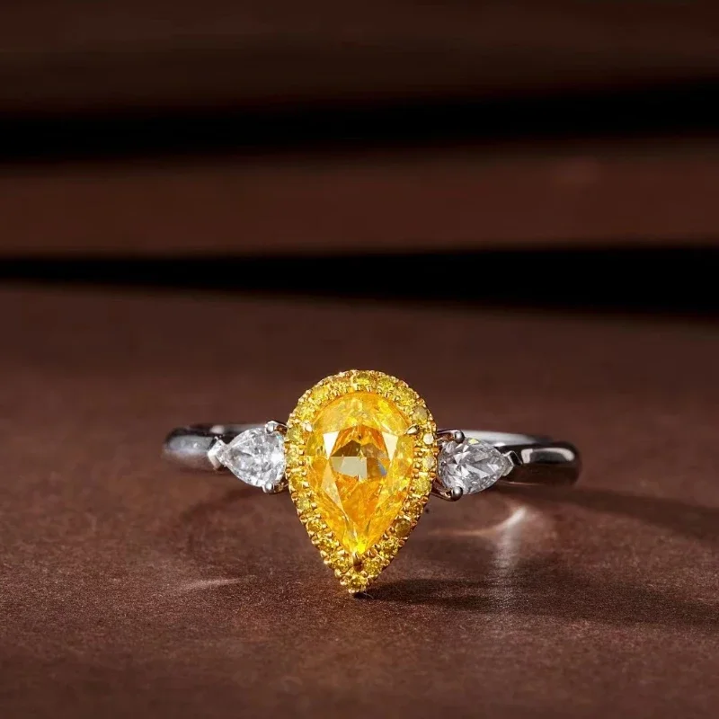 Water Drop 1.4 Carat Yellow Diamond 18k Gold Ring For Women Wedding Bands Face Trendy Engagement Gift