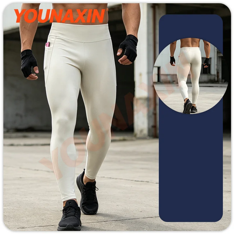 Men’s Outdoor Sports Compression Trousers With Pockets Yoga Pants Fitness Running Marathon Base Layers Quick-drying High-stretch