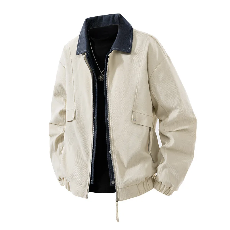 

Autumn Men Coat Vintage Contrast Color Patchwork Turn Down Collar Male Fake Two-piece Jacket Long Sleeve Zipper Man Outerwear