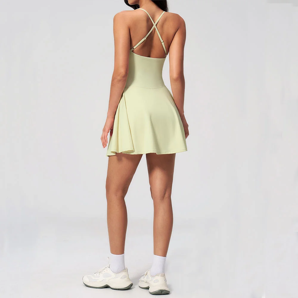 Summer Yoga Jumpsuit Sexy Anti Glare One-Piece Bodysuits Push Up Running suit Women Ballet Sports skirt with pockets Tennis skir