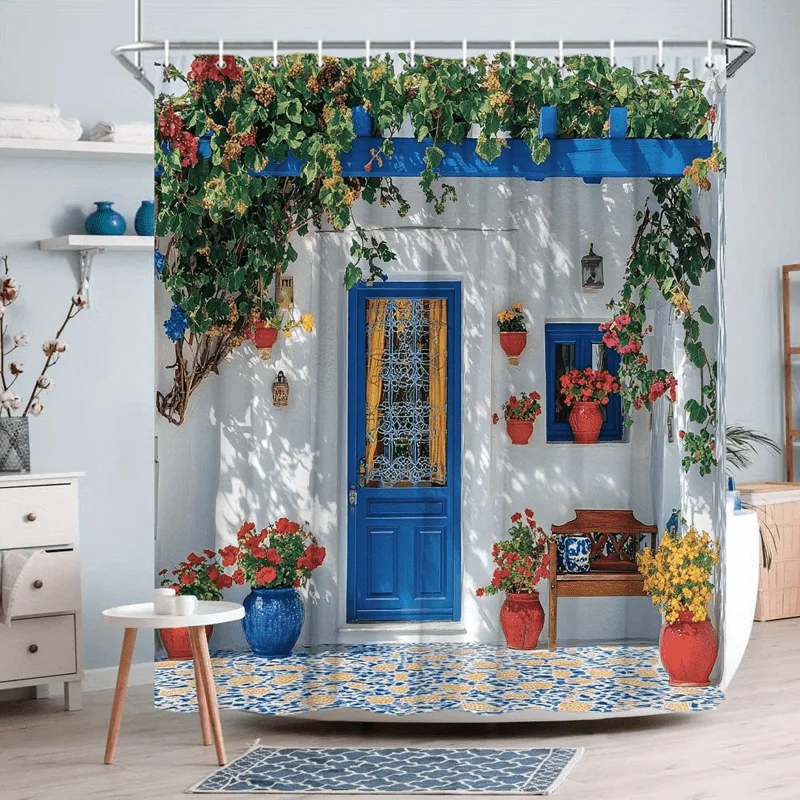 2D Flat, 2D Flat Design, Vintage Wooden Door and Mottled Tree Shadow Shower Curtain, Includes 12 Hooks, Exudes a Sense of Comfor