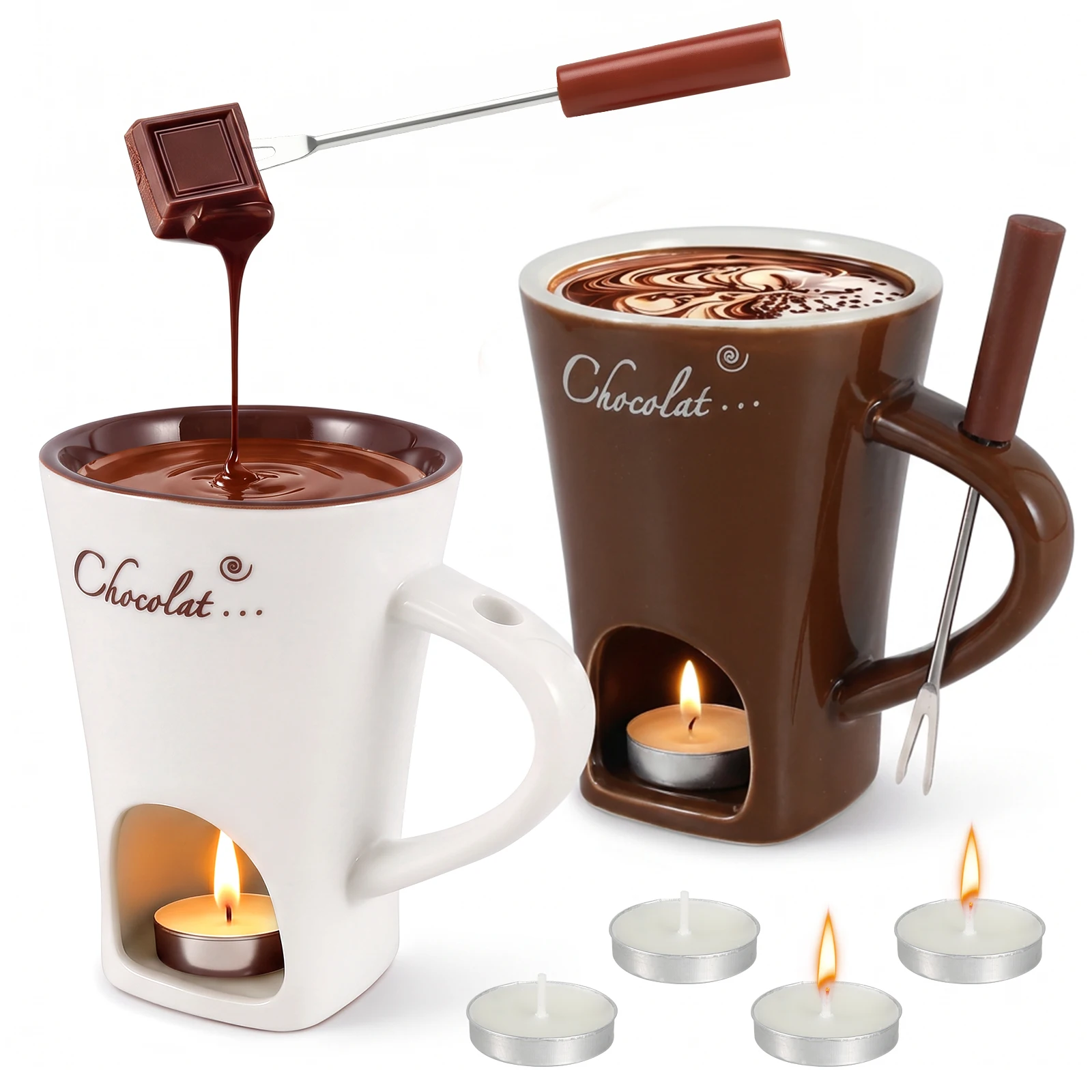2Pcs 170 ml Chocolate Fondue Mug European Candle Cup Cheese Chocolate Melting Ceramic Mug Butter Warmer Pot with Fork & Tealight