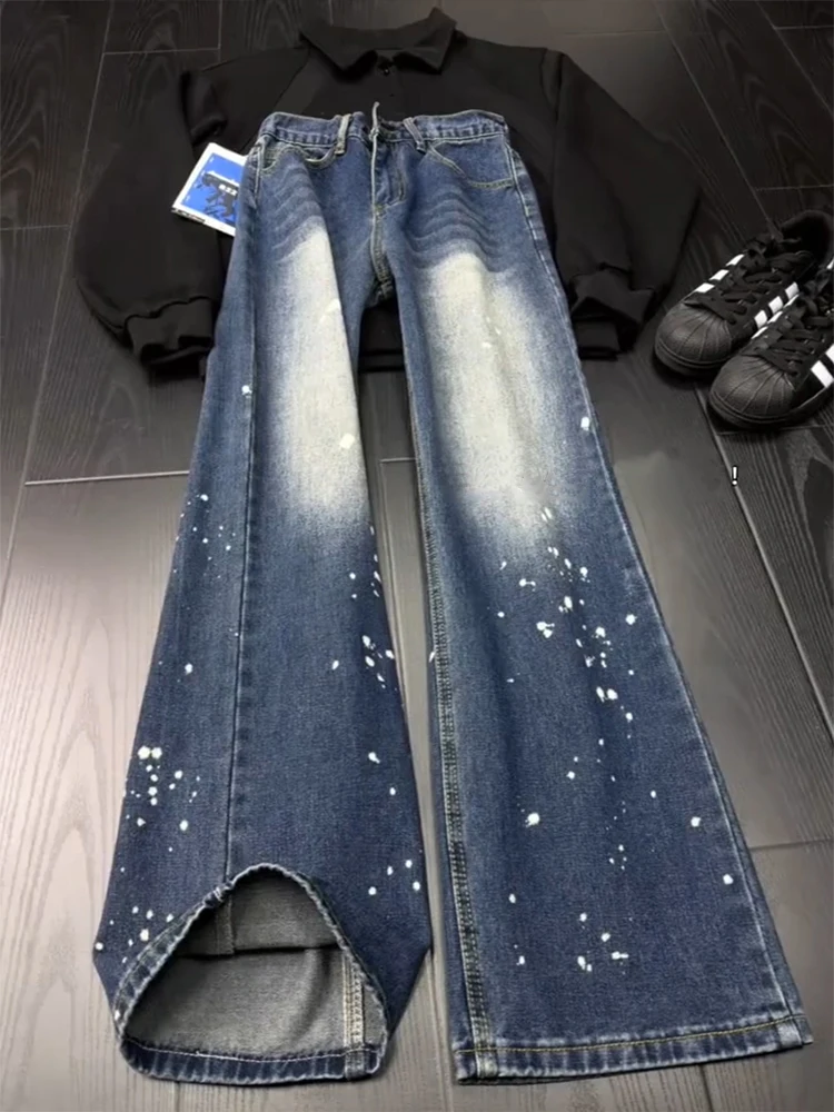 

Американские джинсы в стиле ретро с эффектом потертости, мужские, весенние, модные, в стиле High Street, прямые брюки, свободный крой, джинсы Clean Fit