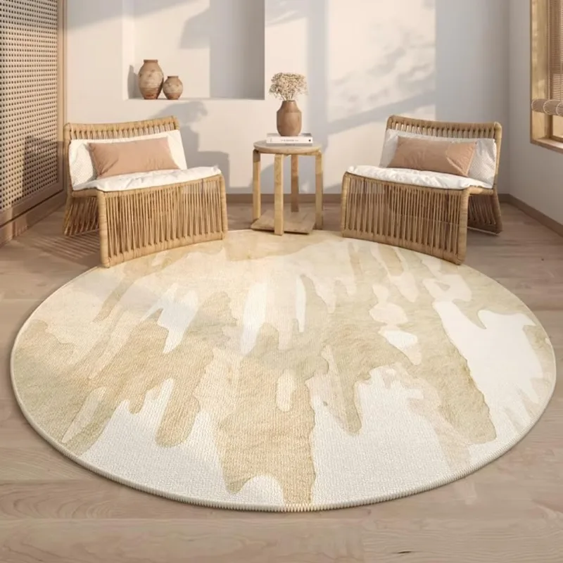 Round Carpet Soft Decorative Floor Mat Abstract Beige Marble Art Floor Rug for Living Room Bedroom Balcony Western Home Decor