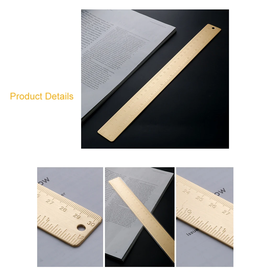 30cm / 11.81in Brass Vintage Straight Ruler for Line Drawing, Metal Copper Measuring Tool for Woodworking