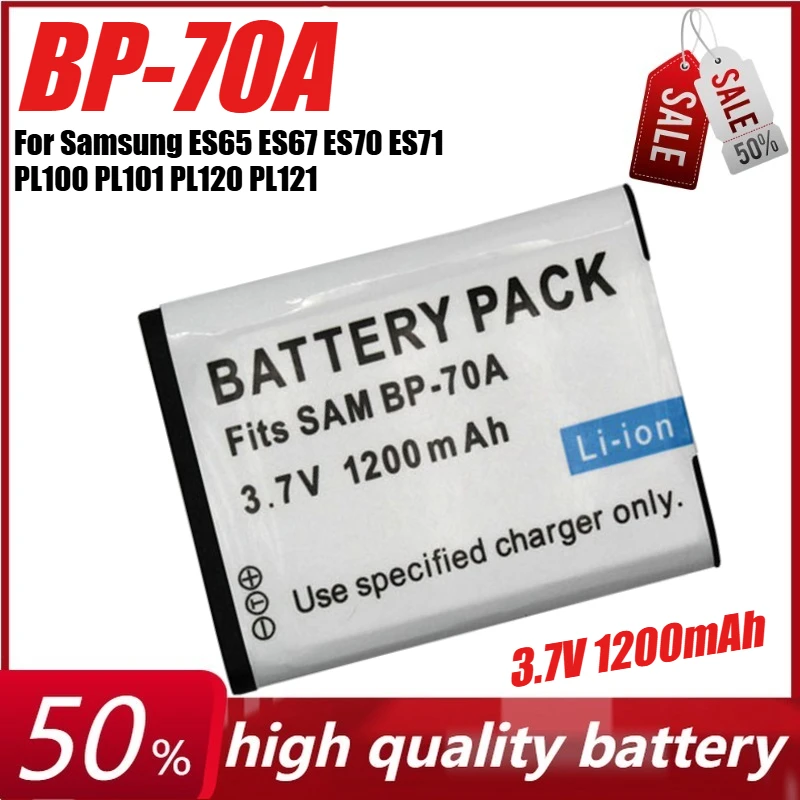 

3.7V 1200mAh BP-70A Camera Battery for Samsung ES65 ES67 ES70 ES71 PL100 PL101 PL120 PL121 SL600 SL605 SL630 SL50 + Charger