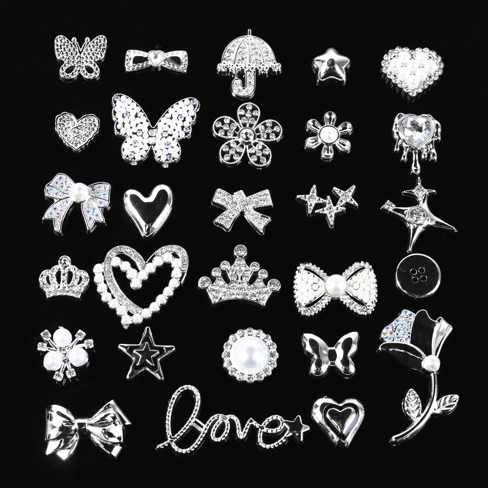 Random Silver Color Shiny Rhinestone Pearl Mix Plastic Charms