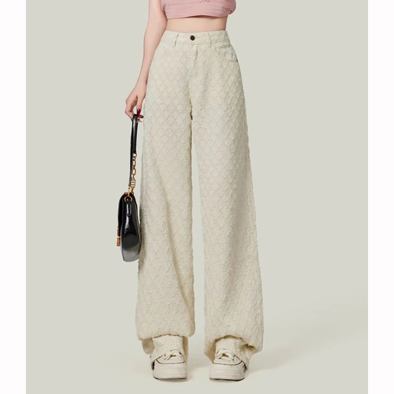 Girls Designer Printed High Waist Jeans Women Fashion Korean Straight Leg Denim Pants Female Elegant Apricot Casual Trousers