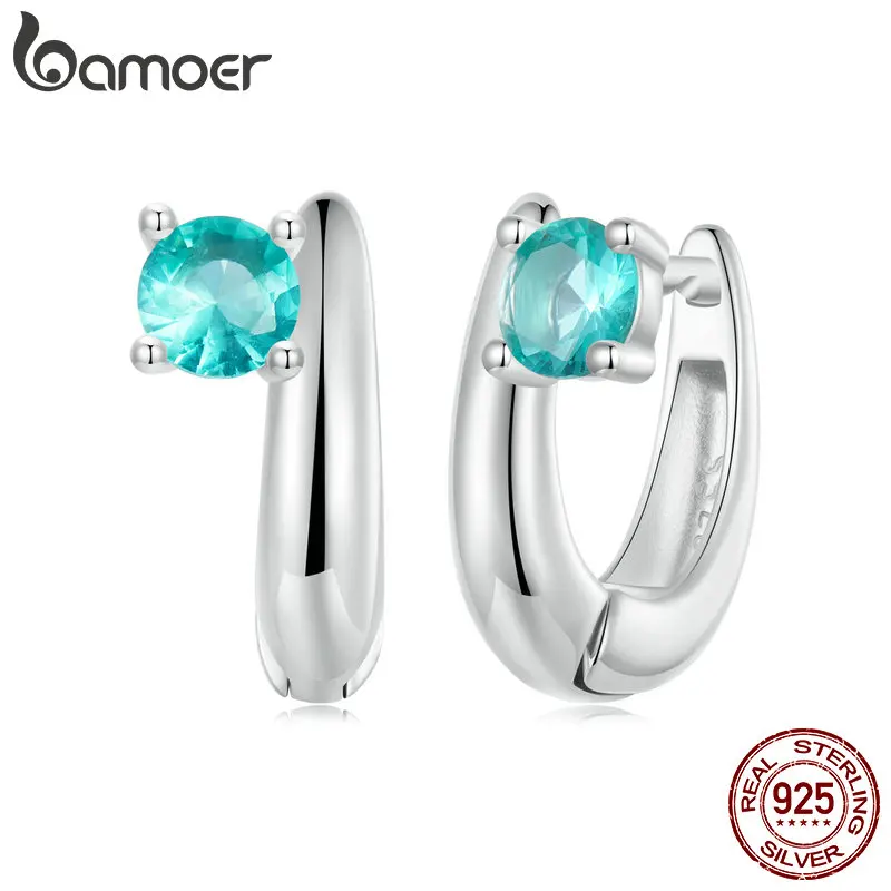 BAMOER Green Zircons Huggie Hoop Earrings 925 Sterling Silver Wave Hypoallergenic Ear Buckles for Women Jewelry Gift BSE1030