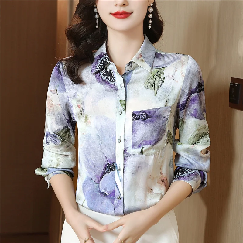 

Unique Simple High-End Printed Shirt Spring New Long Sleeve Floral Mulberry Silk T