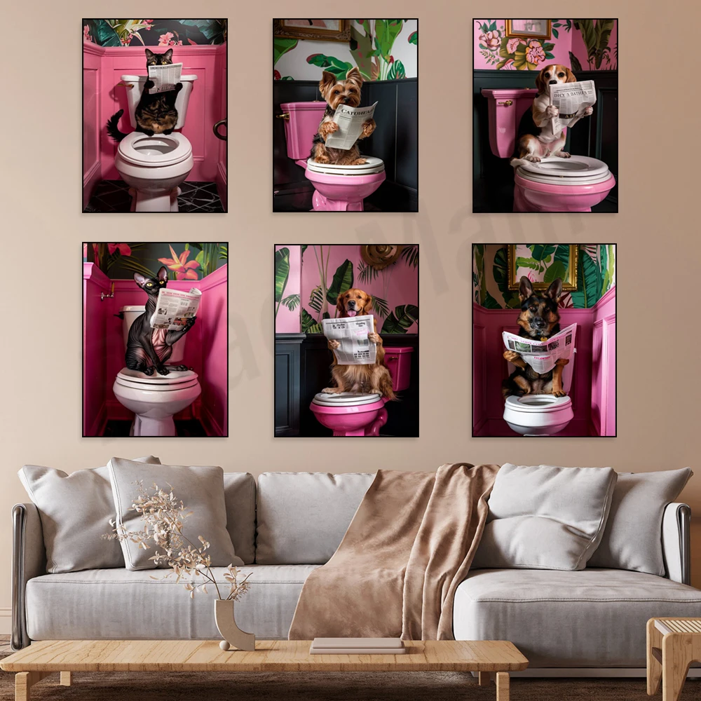 Cat on toilet, French bulldog, Yorkshire terrier, golden retriever, German shepherd, exotic plant dog reading, bathroom poster