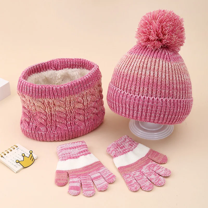الأمازون الأطفال التدرج اللون الصوف مبطن محبوك قبعة وشاح قفازات ثلاث قطع مجموعة الشتاء الفتيان والفتيات قبعة متماسكة دافئة