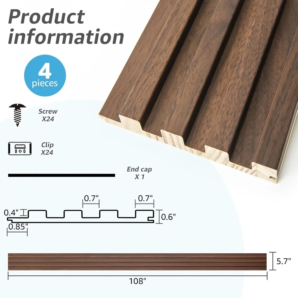 Paneles de pared de madera de listones para decoración de interiores y techos - Paquete de 4 piezas + 1 pieza de borde final, tamaño 108 x 5,7 pulgadas - Nogal