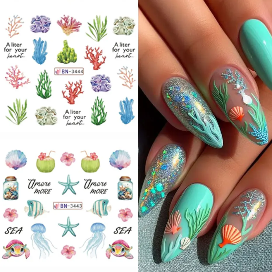 12 Design Creatura dell'oceano Adesivo per unghie ad acqua Cartoon Estate Mare Conchiglia di pesce Alghe Decalcomanie per unghie Carino 3D Trasferimento per unghie Cursore d'acqua