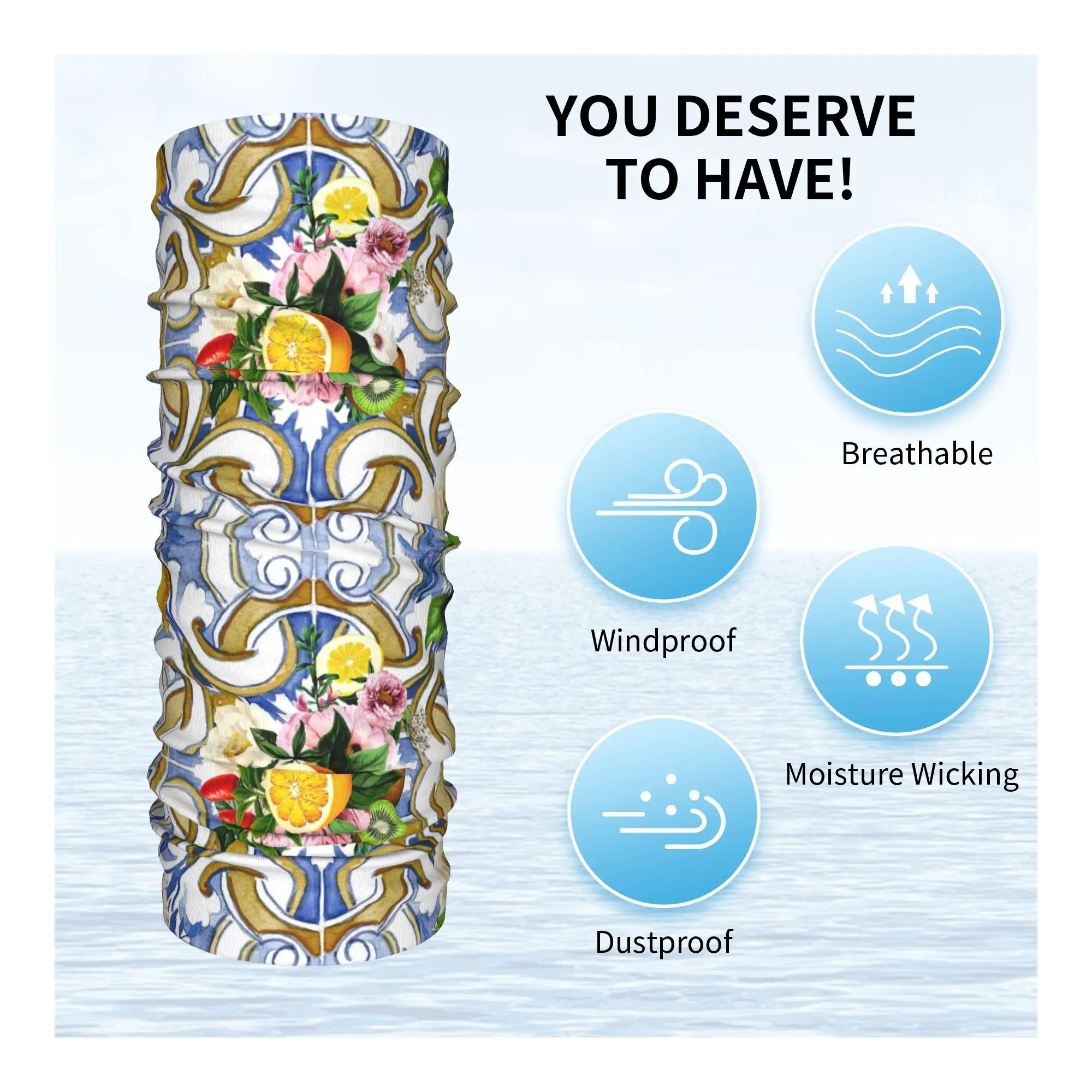 シチリアのタイル、地中海、モザイク、レモン、バンダナ ネックゲートル プリント マスク スカーフ サイクリング スカーフ サイクリング メンズ レディース 洗える