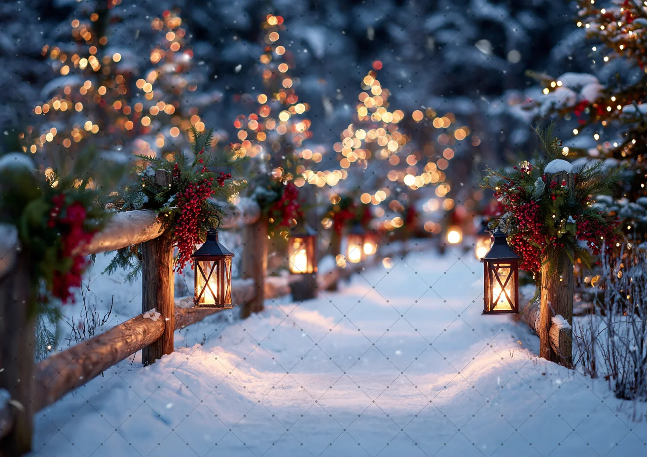 Winter Xmas Snow Forest Path Backdrop Wooden Fence Lamp Garland Lights Cloth For Holiday Portrait Studio Photo Background Decor