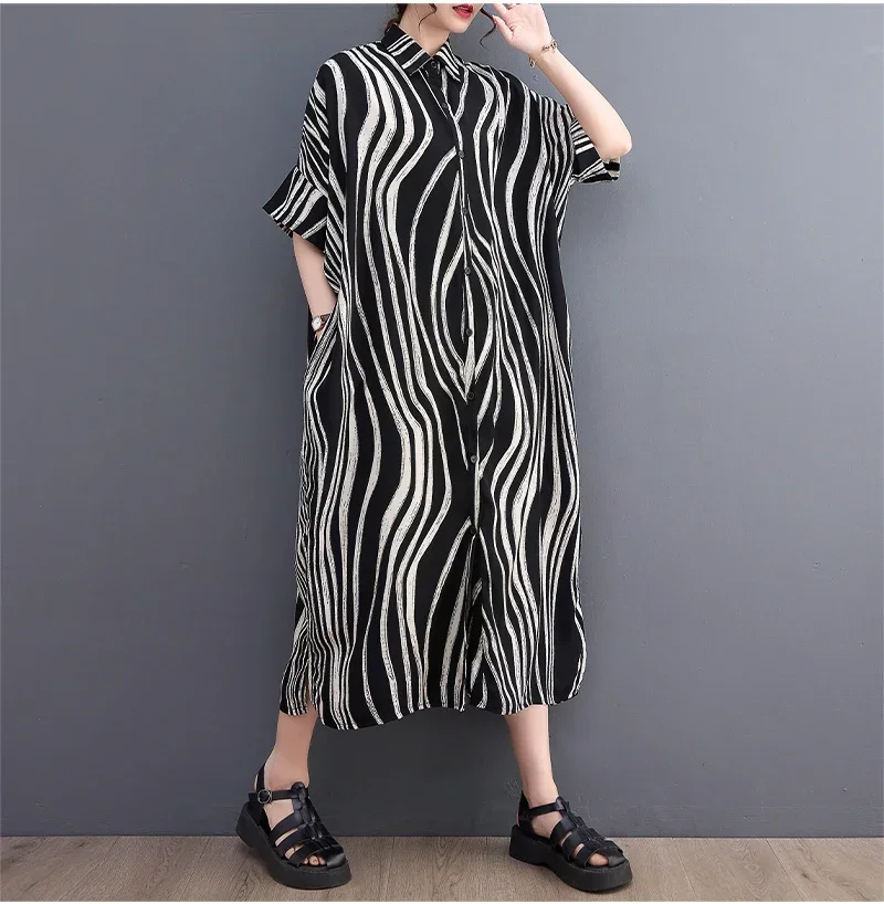 Plus Size Black Zebra Pattern Oversized Cotton Shirt Dress Summer Strips Printed Midi Buttons Down Shirt Dress Relaxed Fit