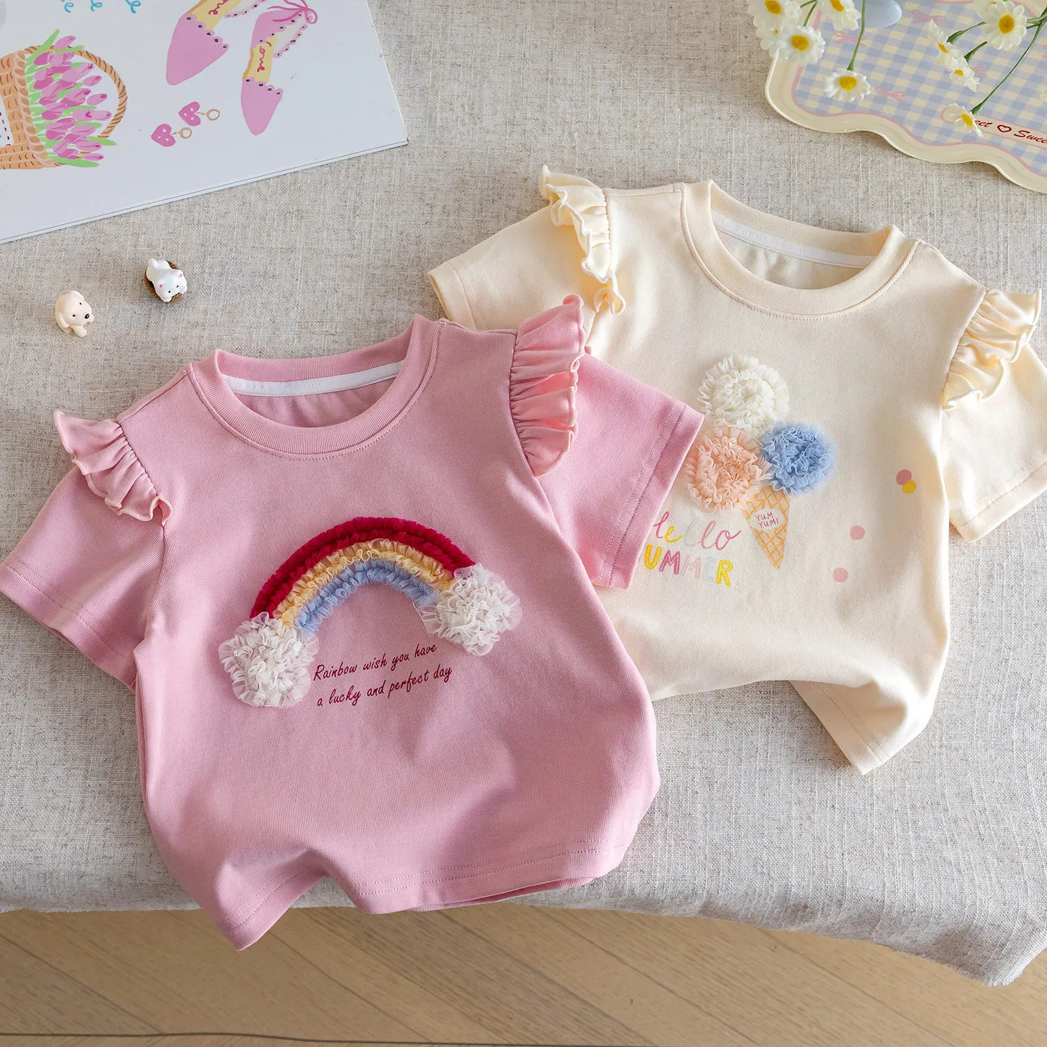 2026 New Short sleeved T-shirt for Girls, Beautiful 3D Rainbow Top for Children