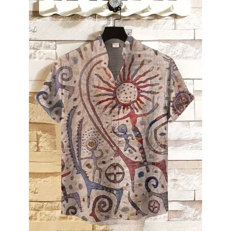 Men's Sun Mythology Art Print Linen Blend Shirt Harajuku Retro Cassette Tape Summer Blouses Stand Collar Hawaiian Shirt Clothing