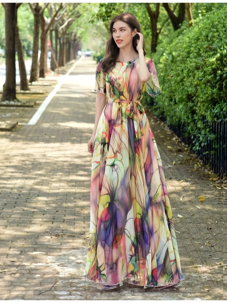 2024 Summer Bohemian Long Dress Flowers Print Holiday Boho Floral Chiffon Fashion Party Dresses Islamic Clothing Robe Vestido