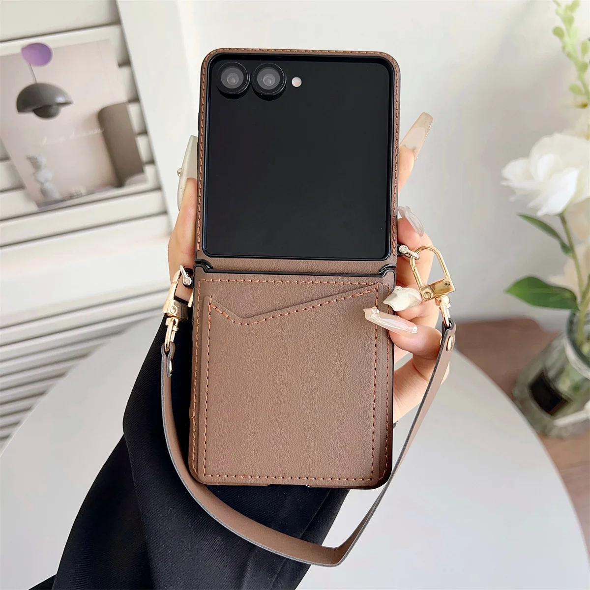 Leder-Brieftaschen-Handyhülle Samsung Z Flip 7 6 5 4 5G Kartensteckplatz Taschenhülle für Galaxy Z Flip7FE Flip6 Handgelenkschlaufe Kette Soft Cover