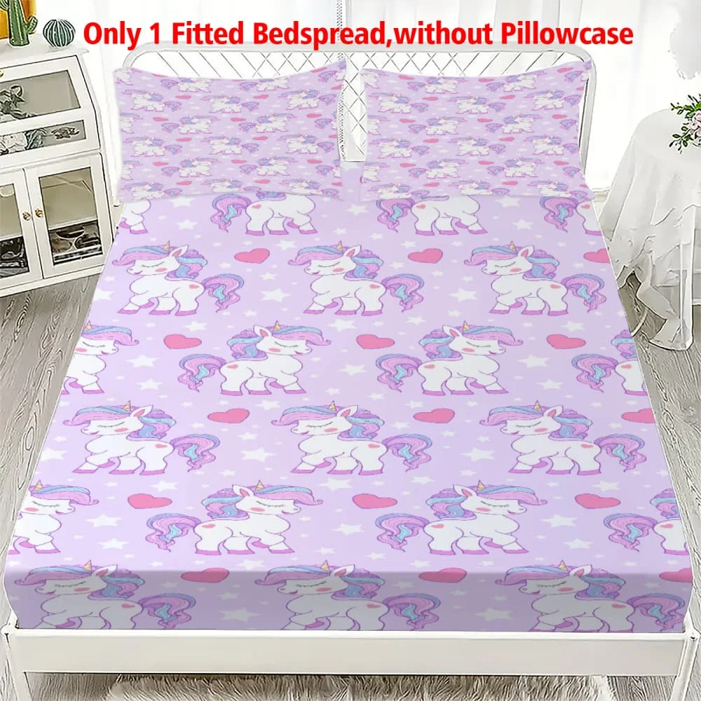 1pc Purple Unicorn & Heart Star Print Fitted Sheet Deep Pocket Elastic Mattress Cover Single Do... product image