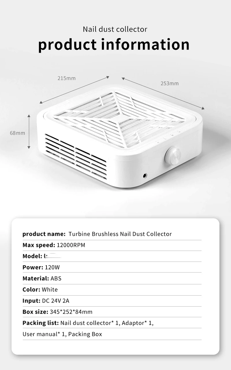 Suction Nail Vacuum Cleaner Manicure 120W Turbine Brushless Cleaner for Manicure Low-noise Dust Collector Fan Vacuum Cleaner