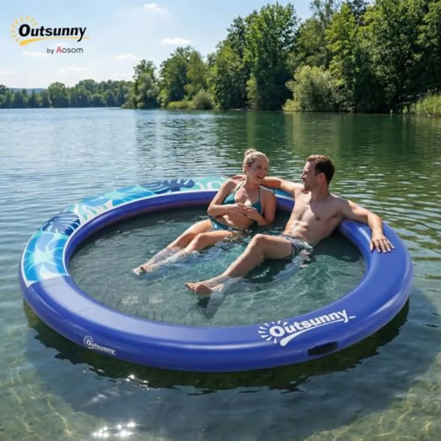 8FT inflatable water hammock for lakes pools oceans: heavy-duty PVC mesh raft in blue ultra-stable floating dock platform with