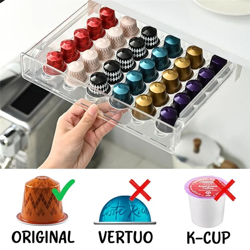 AA80-Coffee Pod Capsule Organizer Fornespresso Pods حامل 30-سعة منظم درج شفاف وخزانة حامل