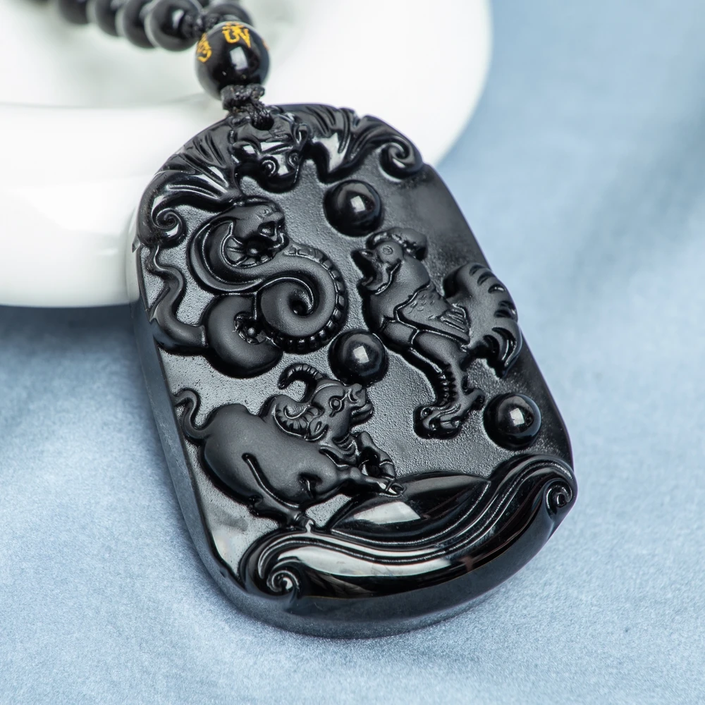 TIMESWIND Natural Obsidian Black Zodiac Snake Rooster Ox Guardian Pendant Men Bead Necklace with Certificate - Image 4