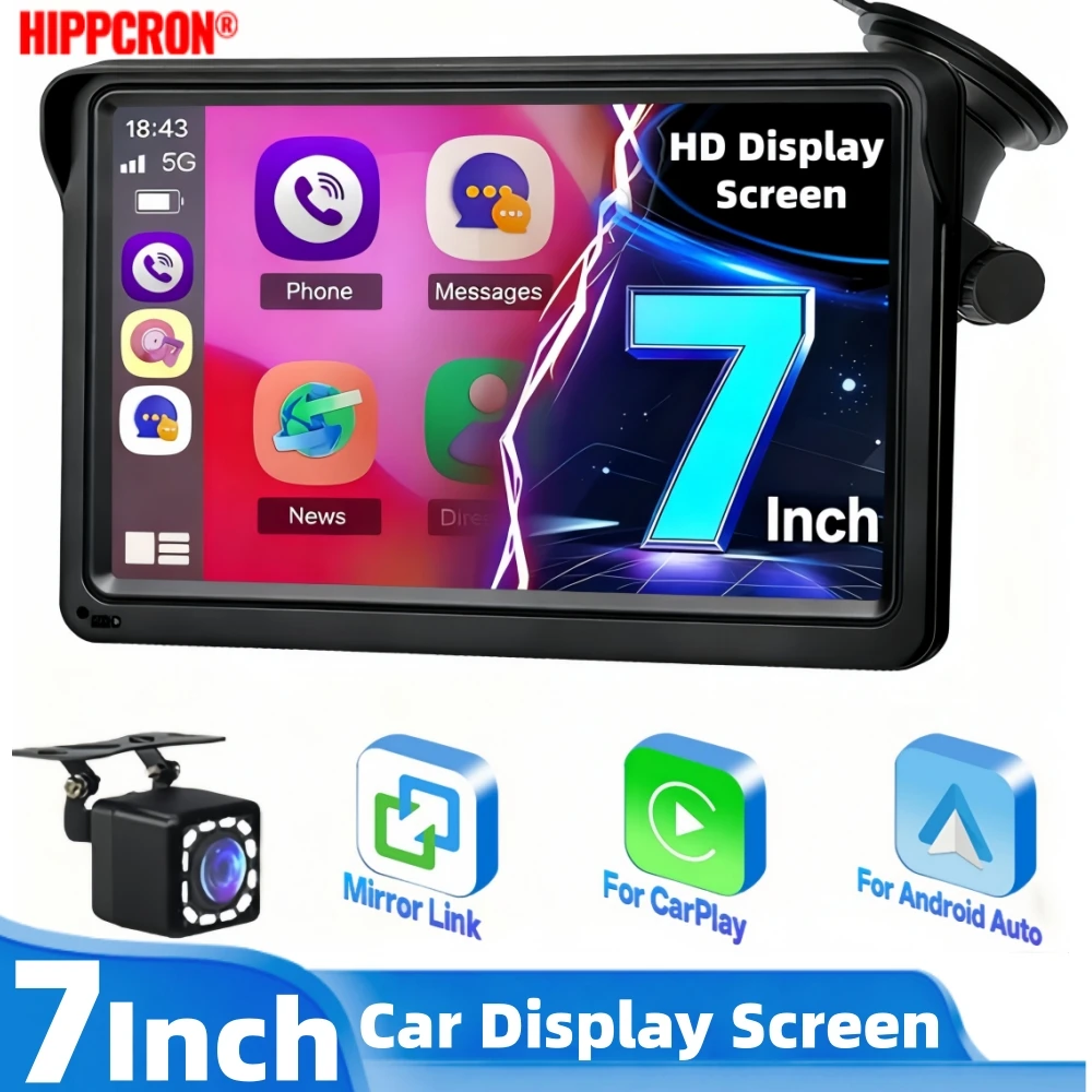 

HIPPCRON 7 Inch Car Multimedia Player HD Display for CarPlay Android Auto Car Radio Portable Touch Screen Wireless With Camera