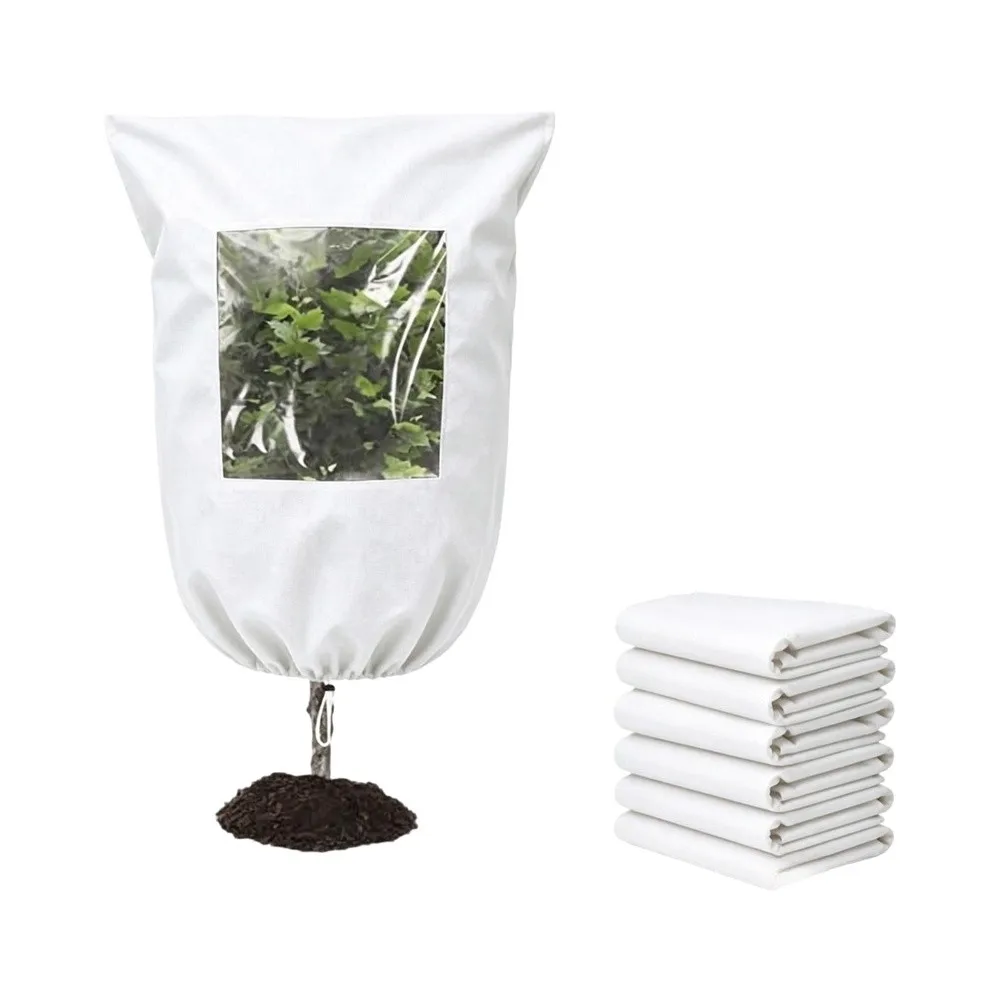 Non-Woven Plant Frost Cover With Visible Window, Reusable Winter Protection Blanket For Bushes Trees, Zipper & Drawstring Design
