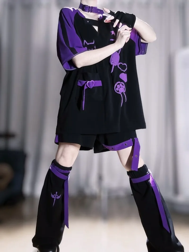 Japanischer Stil Coole Y2k Cosplay Delinquent Girl Abnehmbares T-Shirt Shorts Beinabdeckungen Set Gothic Freizeitkleidung Themenparty-Outfits – Detail 5