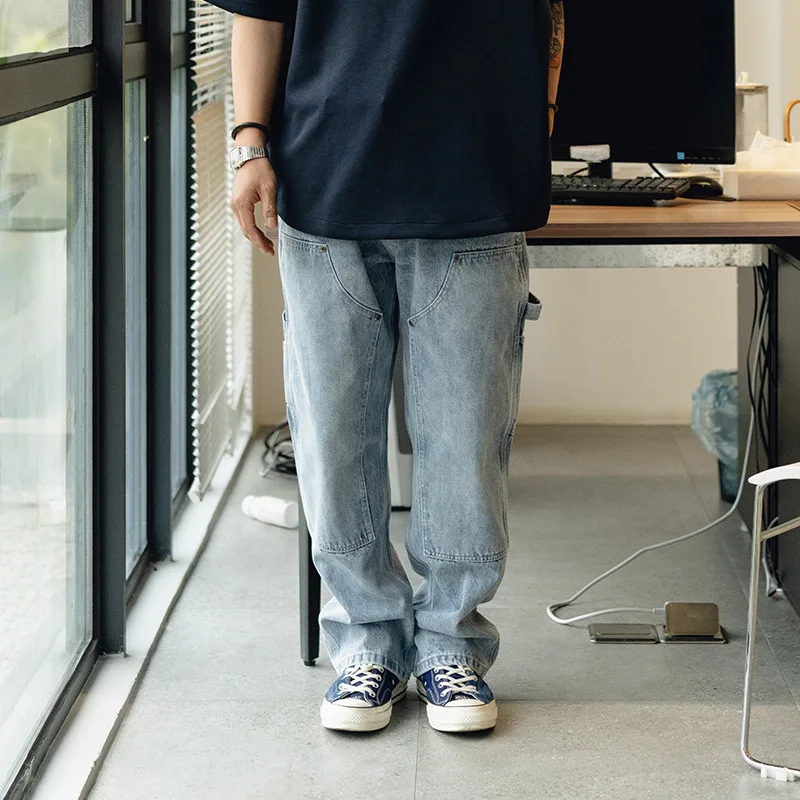

Retro Japanese Sle Men's Workwear Jeans Double Knee Logging Waed Spray aque Cleanfit Denim Pants Tight Fit Casual Jeans