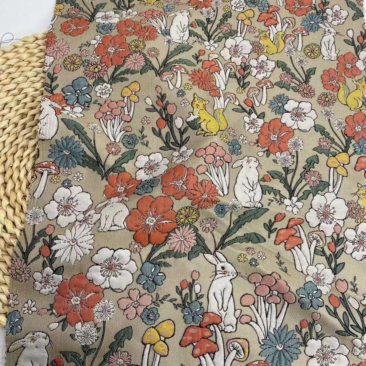 

Khaki Colored Bunny Mushroom Eelief Jacquard Fabric, Spring and Autumn Thick women's Dress, Decorative Luggage Fabric