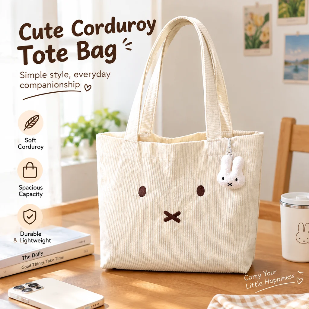 Cute Miffy Rabbit Corduroy Shoulder Bag High Appearance Versatile Portable Large Capacity Commuter Tote Bag for Women Girls