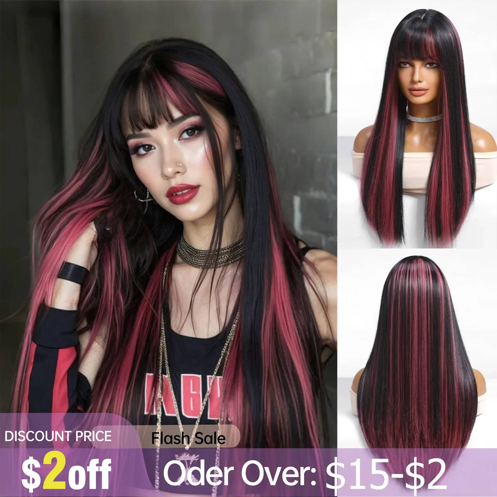 Black Highlight Pink Synthetic Wig with Bangs Long Straight Black Highlight Red Wig For Women Cosplay Party Christmas Wig 26inch