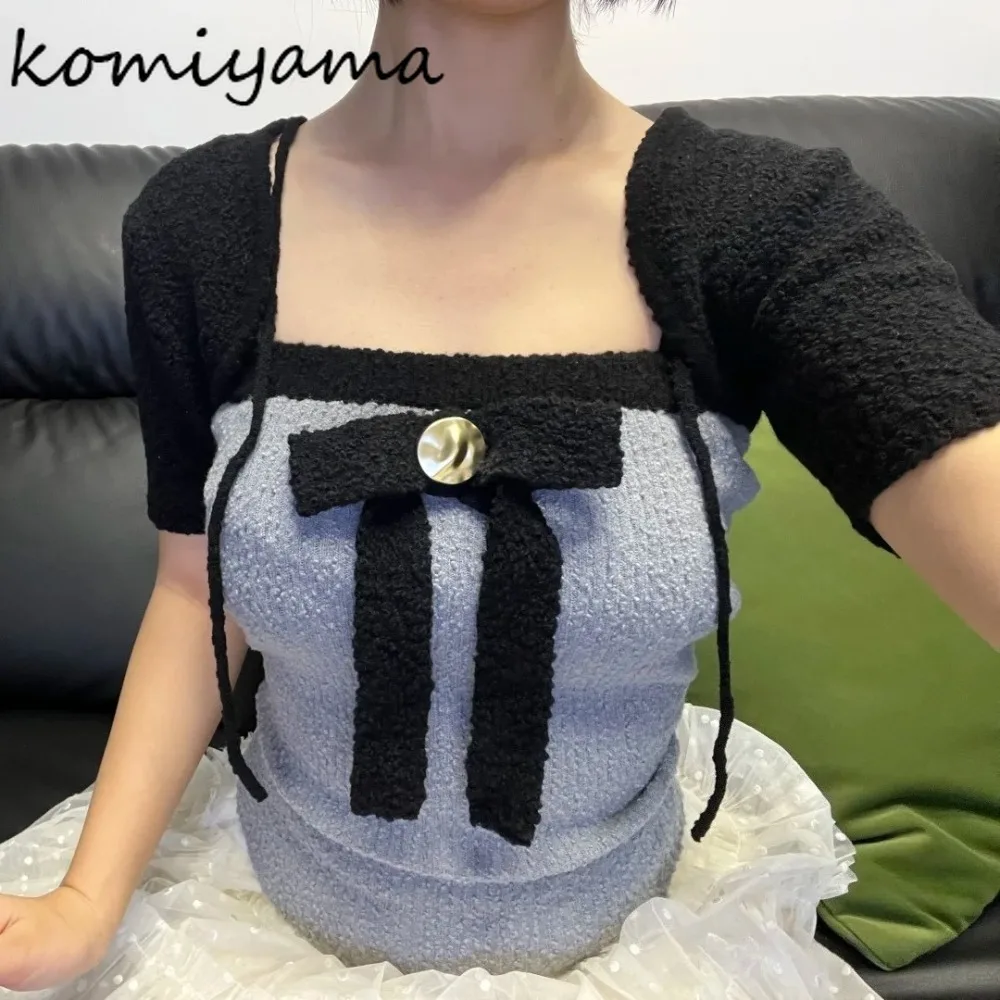 

Сексуальные футболки на тонких бретельках Ropa De Mujer, новые повседневные вязаные футболки с бантом, Roupas, японская одежда, женские топы для девочек-подростков 2025 г.