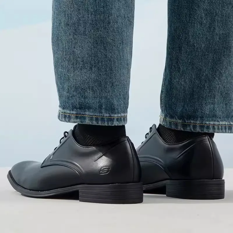 Skechers-zapatos formales de negocios para hombre, calzado de cuero puntiagudo de estilo británico, suela suave, zapatos informales ligeros, color negro