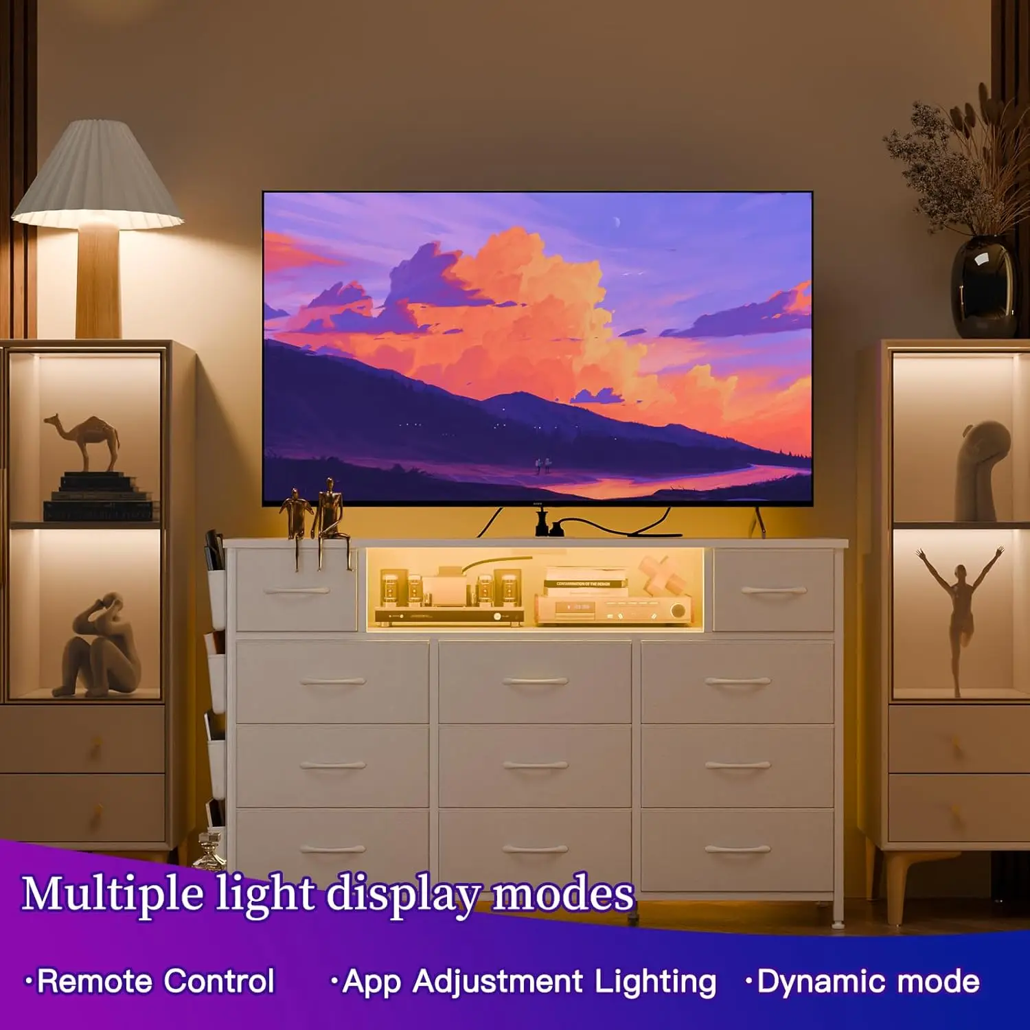 Quarto com tomadas de energia e luzes LED 11 gavetas cômoda com bolso lateral para quarto infantil, tecido