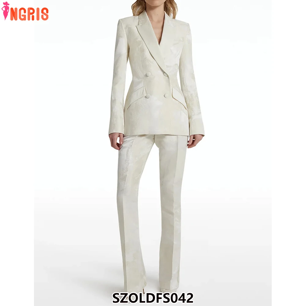 

Women's Fashion High Quality Jacquard Office Casual Suit Notched Long Sleeve Double Breasted Blazer Female 2 Pieces-SZOLDFS042